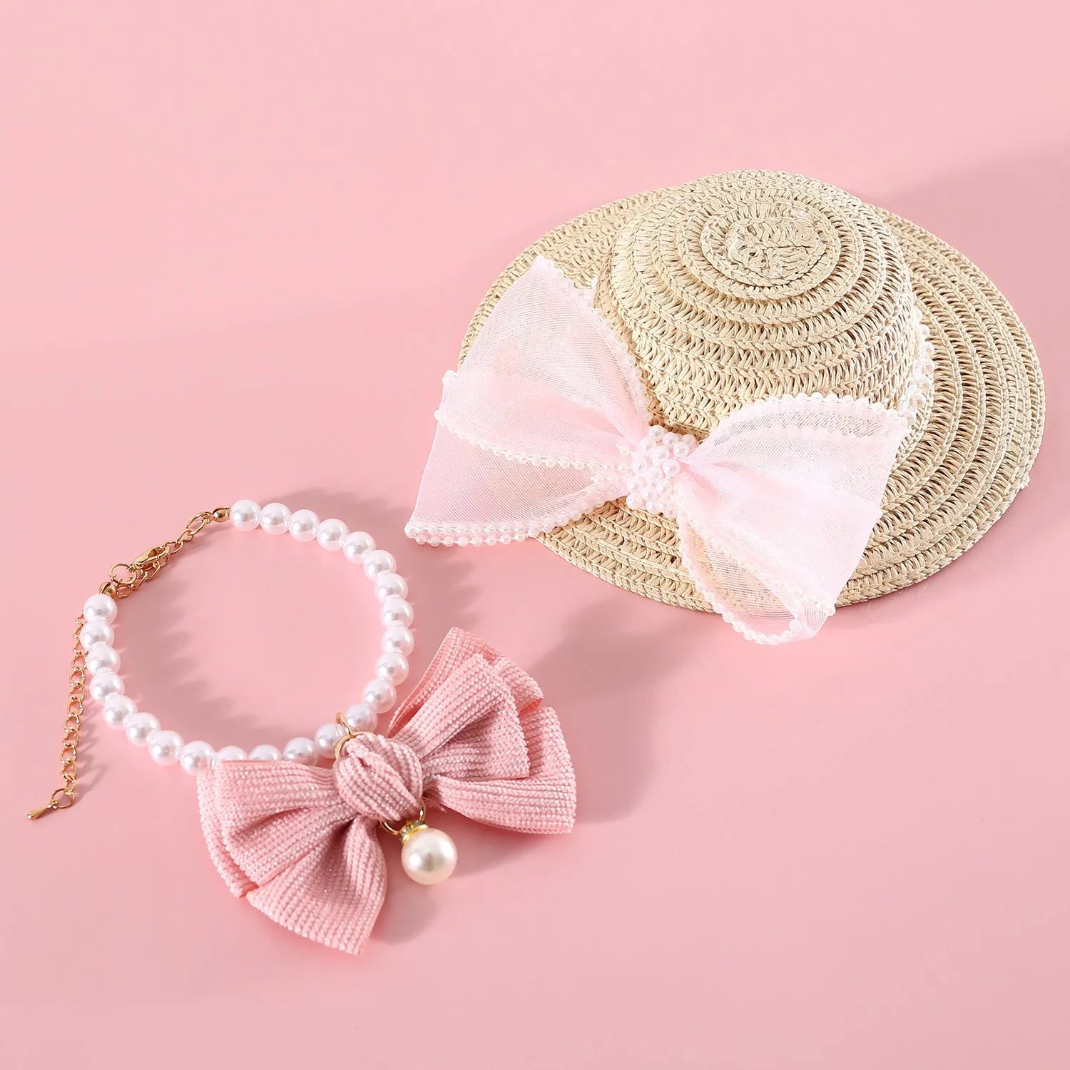 Princess-style woven cat hat with pearl butterfly bow in blue, pink, purple, or white on Lafite leaves.