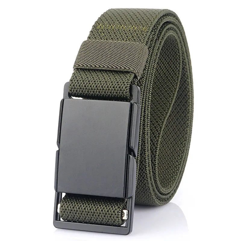 Metal magnetic buckle casual belt in polyester fibre, shown in one of five colours.