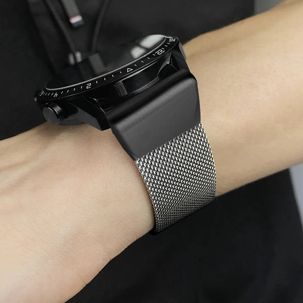 Stainless steel watch strap with card slot for Garmin Fenix smartwatch in silver finish.