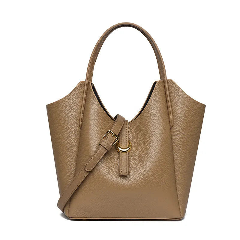 Genuine leather women's retro bucket bag with hand holding design in black, beige, khaki or lake blue colour
