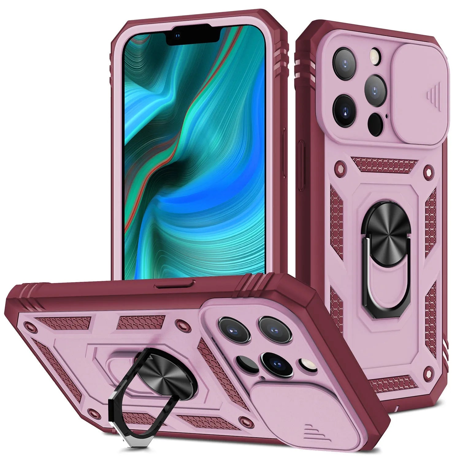 Magnetic sliding window back cover case for iPhone 12 and 13 phones in sapphire blue colour.