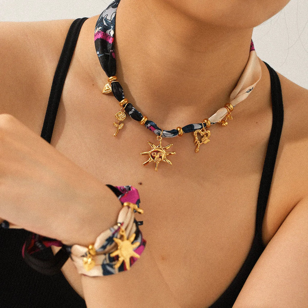 Sunflower necklace and ribbon bracelet set in stainless steel, children's jewellery in two colour options.