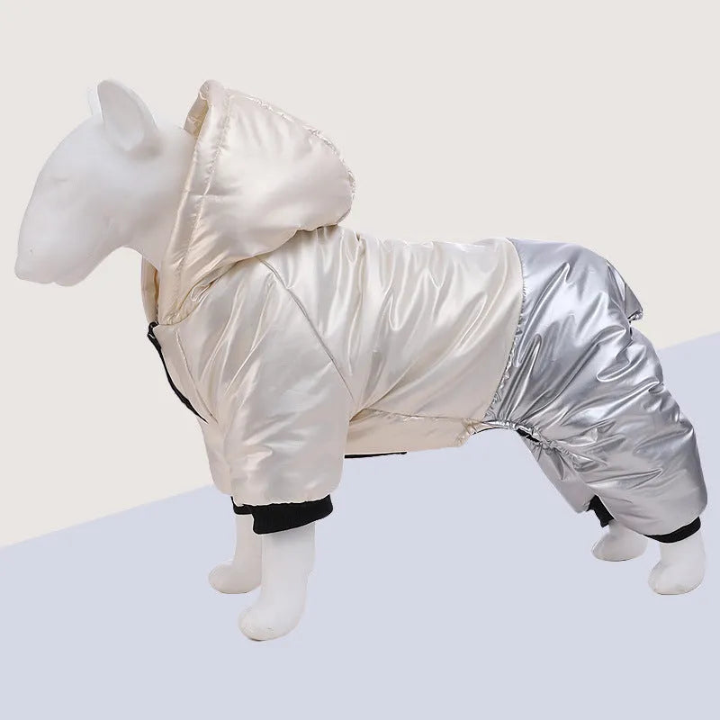 Green waterproof cotton padded dog coat with four-legged design on medium-sized dog