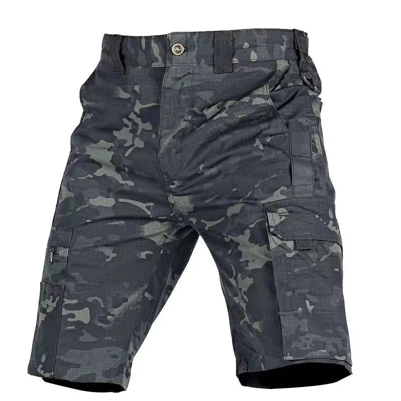 Elastic waist camouflage shorts available in multiple patterns including dark night and CP camouflage