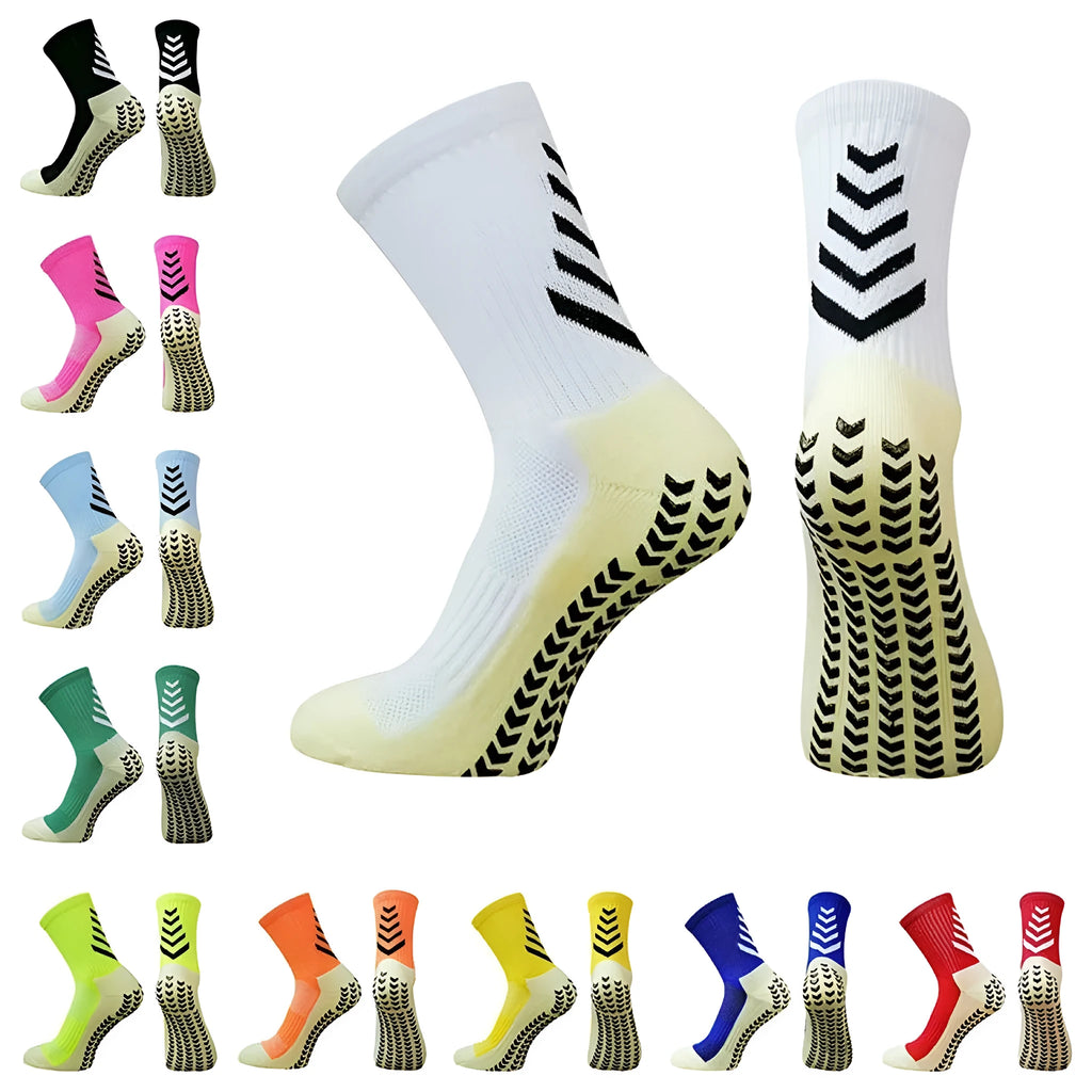Men's black and green mid-calf athletic socks with a geometric pattern and non-slip silicone grip.