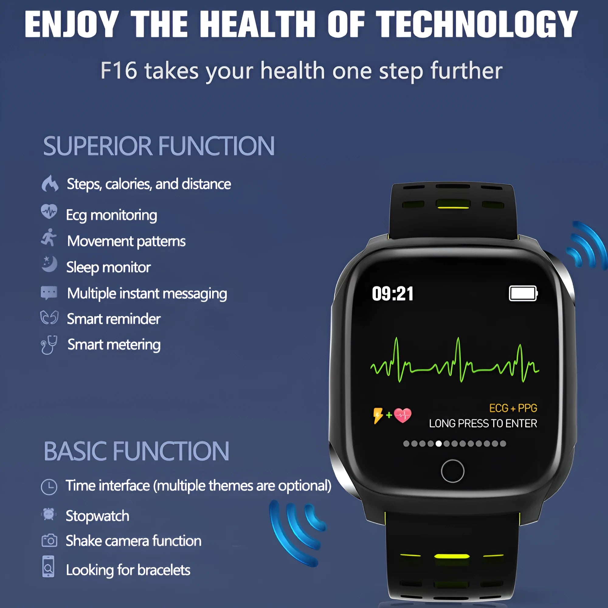 F16 smart watch with ECG and blood pressure monitoring on wrist, showing black and grey colour variant.