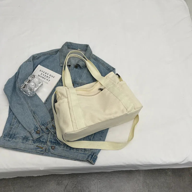 Large solid colour polyester canvas shoulder tote bag for women with outer pocket