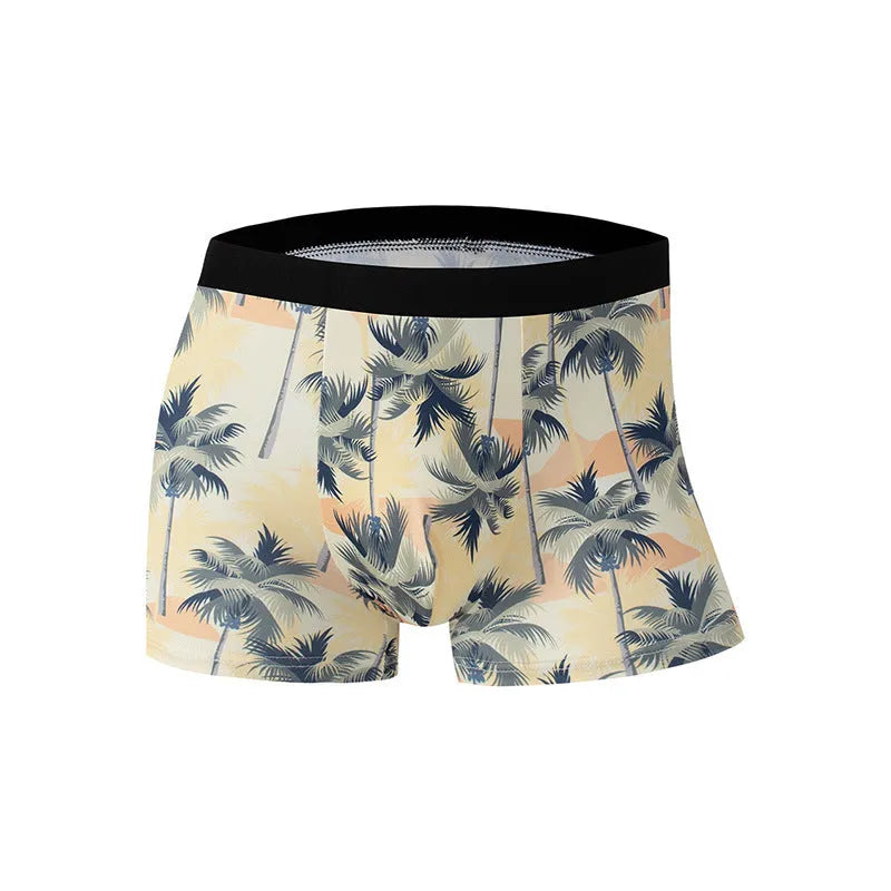 Men's printed ice silk underwear in floral pattern showing mid-waist design