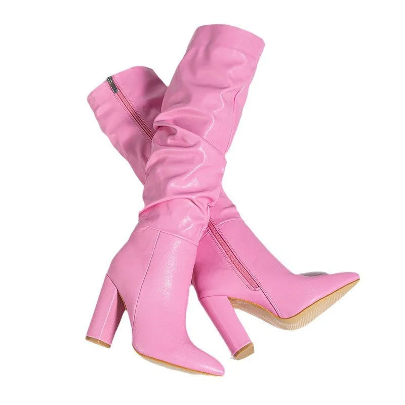 Women's white pointed toe high heel boots with side zipper and 8cm+ short stout heel