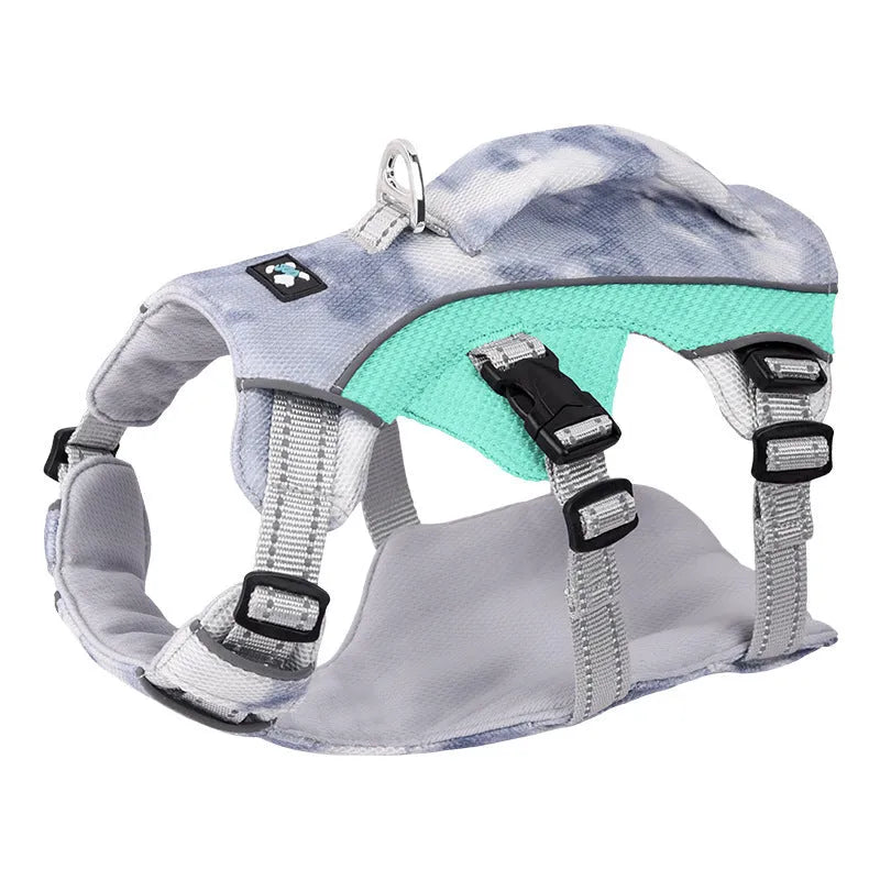 Light blue reflective polyester mesh dog cooling chest strap harness on a background.