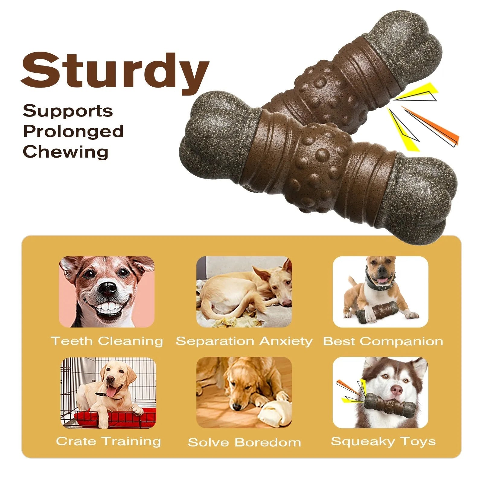 Wood colour plastic sounding bone dog toothbrush and chew toy for dental care.