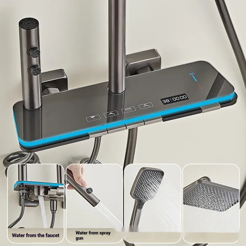 Digital display thermostatic shower head set with aluminium finish in concealed installation