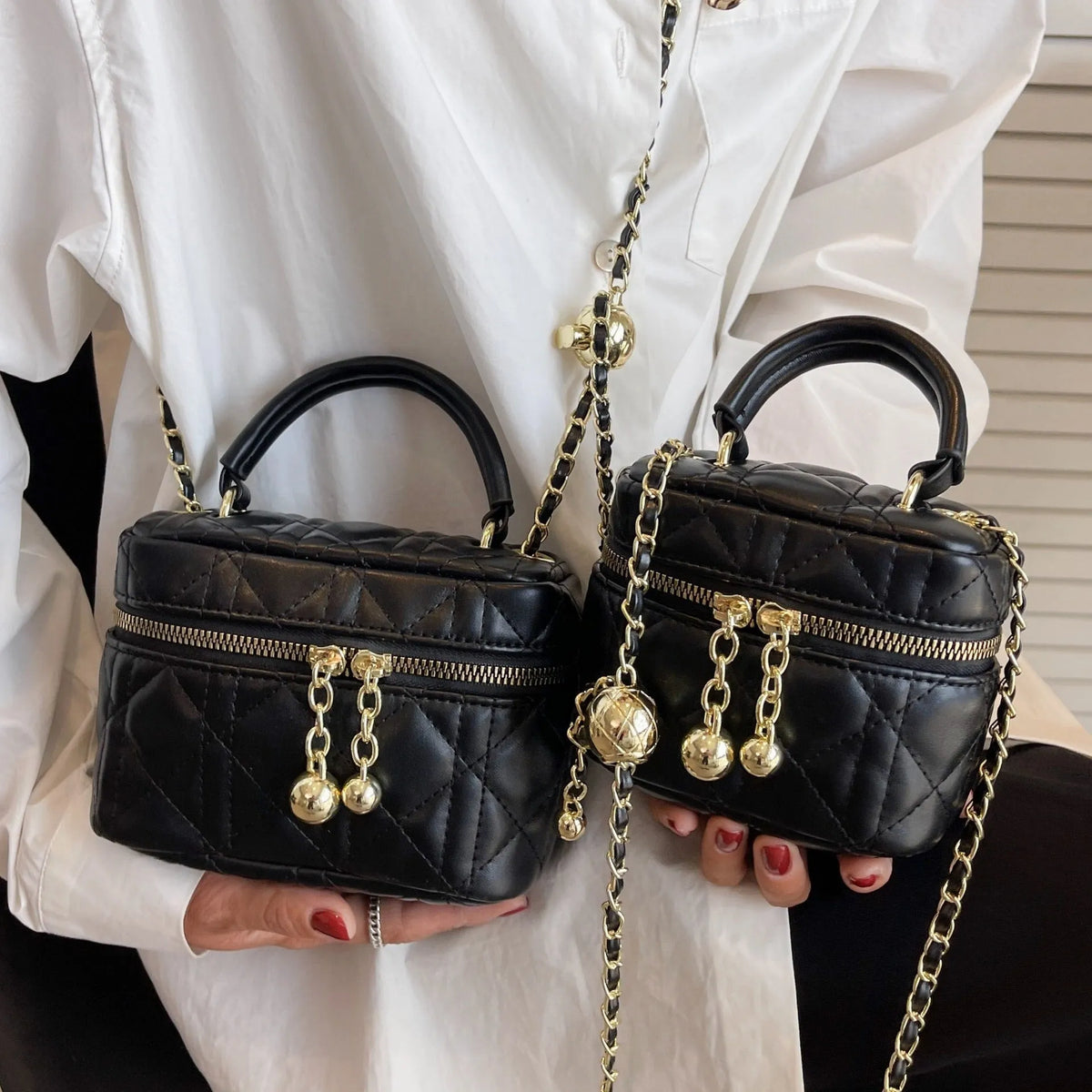 PU mini handbag with beaded chain, plaid and rhombus detail, horizontal square shape, soft construction, available in rose pink and black.