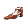Women's wine red retro square toe chunky heel shoes with buckle fastening