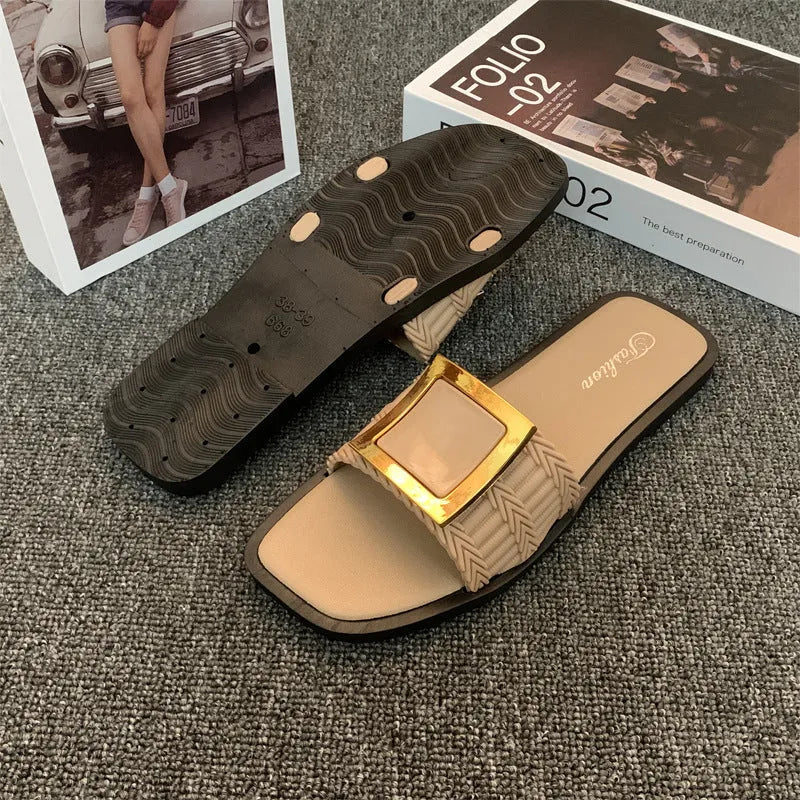 Women's apricot casual flat slippers with a PVC sole, shown on a light background.