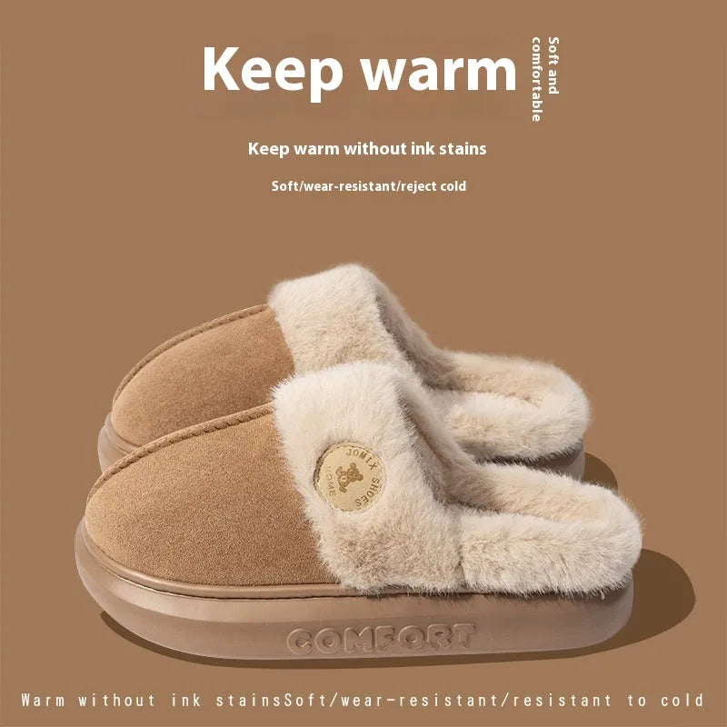 Plush fleece winter slipper with thick PVC sole, shown in khaki colour with car stitching detail.
