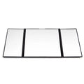 Silver folding car makeup mirror shown closed and opened, highlighting its compact and large glass sizes.