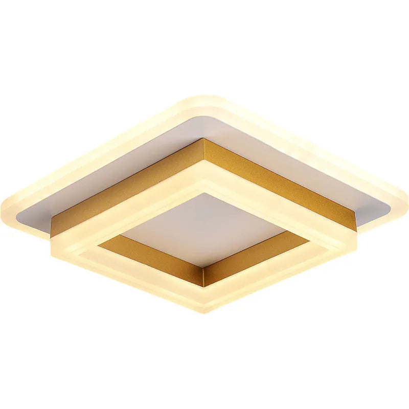 Modern simple LED ceiling light in black or gold, round or square shape, for corridors and hallways.