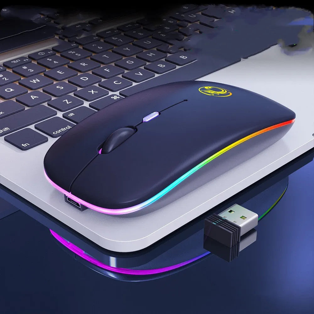 Black or white dual-mode wireless silent mouse with scroll wheel, shown with USB charging cable.