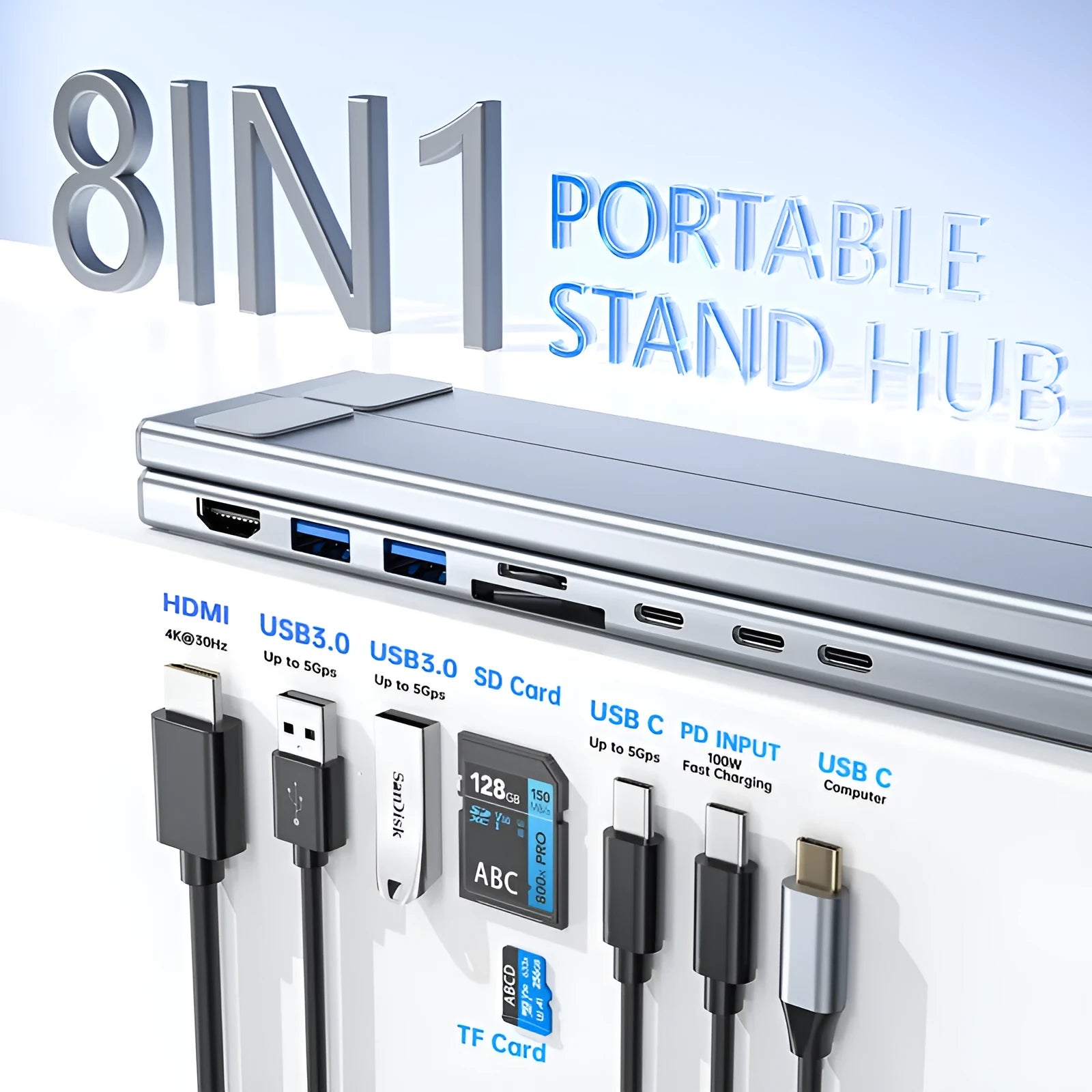 Aluminium folding laptop stand with integrated 8-in-1 docking hub ports and a short cable.