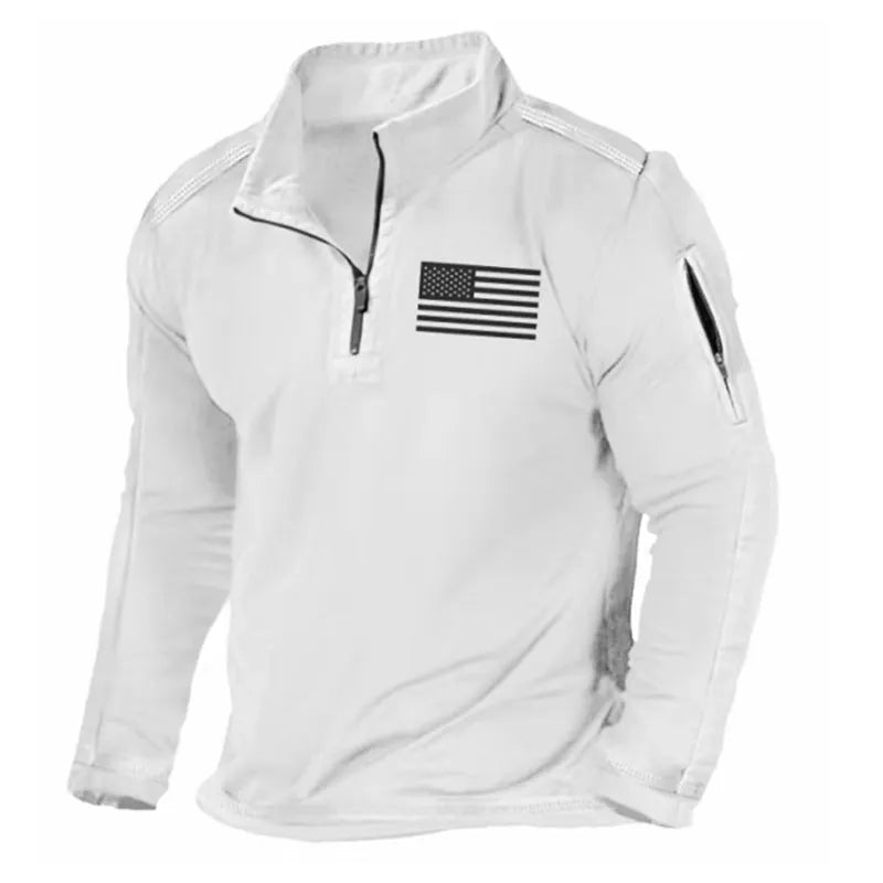 Men's grey zip collar long sleeve pullover sweater on a model.