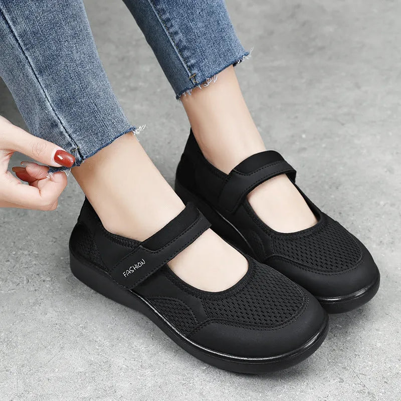 Women's grey mesh casual shoes with velcro fastening and round toe