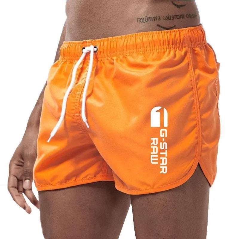 Men's sports beach shorts in 11 colour options including black, navy, and fluorescent green, polyester-hemp blend fabric