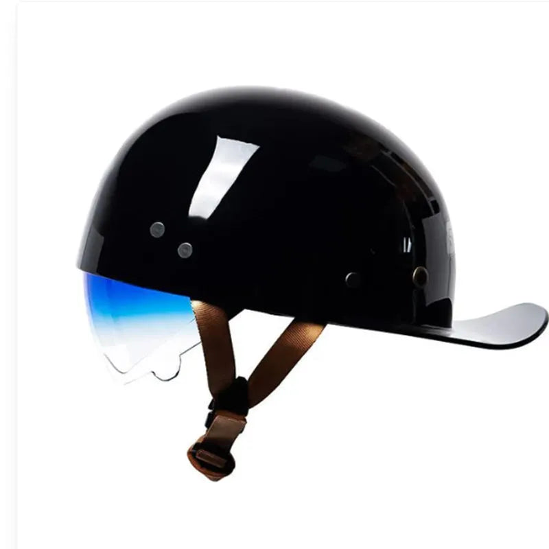 Men's bright black retro half helmet for electric bicycles with a gradient blue visor lens.