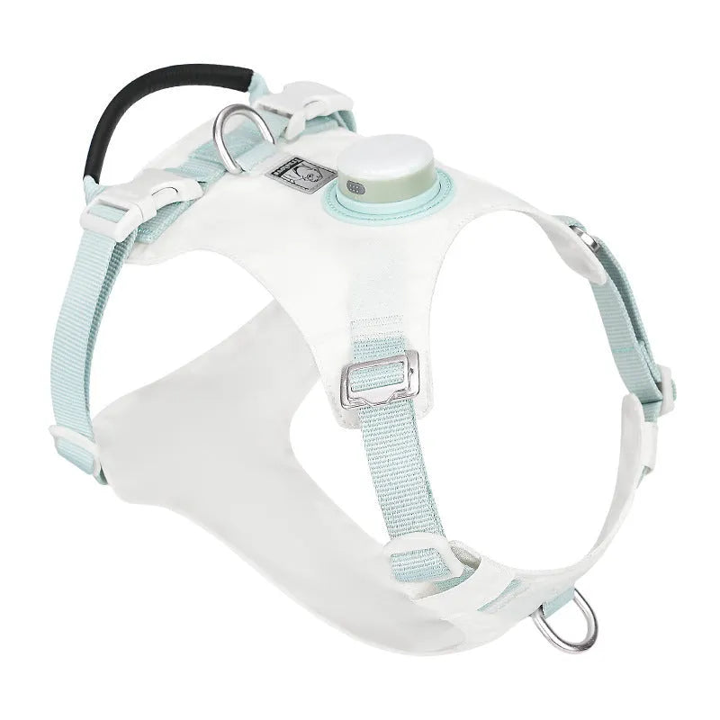 Nylon dog harness with LED light on dog's chest, shown in light purple, for nighttime walks.