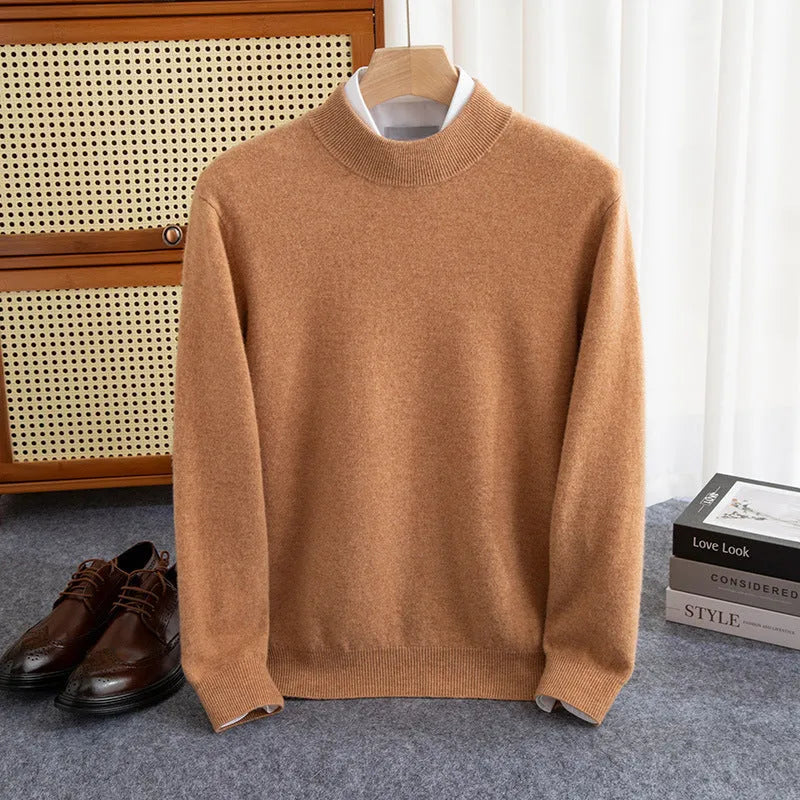 Man wearing a half-turtleneck wool sweater in camel colour, loose fit, for winter.