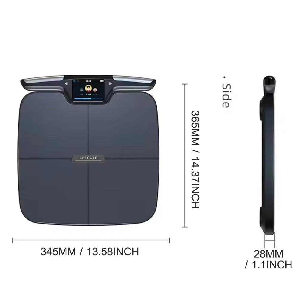 Black eight-electrode body fat scale with electronic display on 45x45cm platform