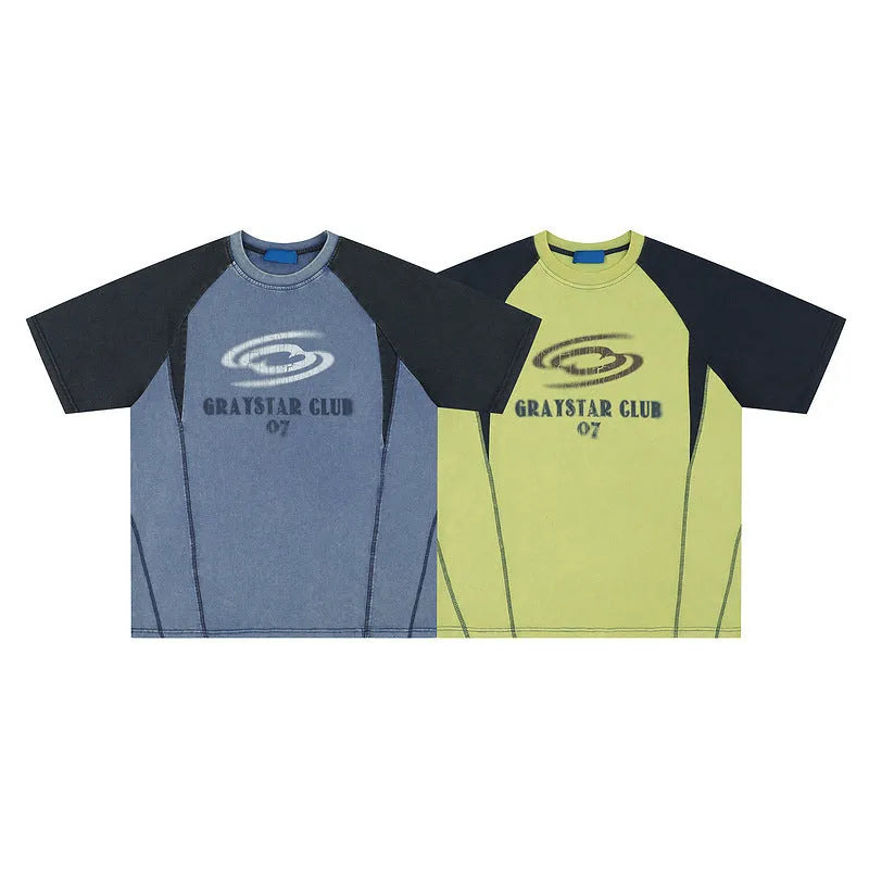 Men's blue hip hop letter print T-shirt with raglan sleeves, loose fit casual top