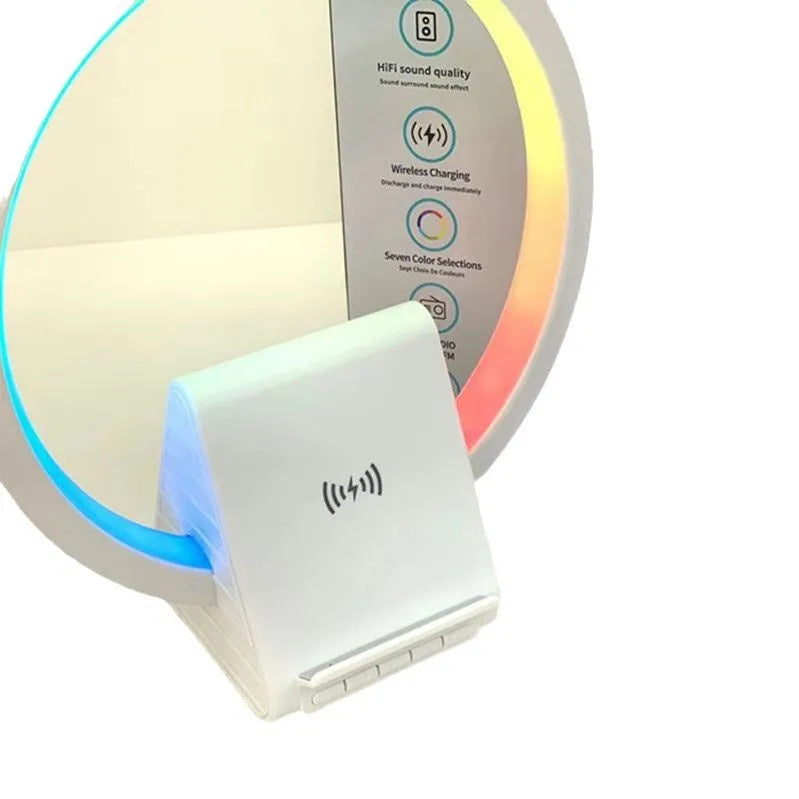 White smart Bluetooth speaker with wireless charging surface and ambient lighting
