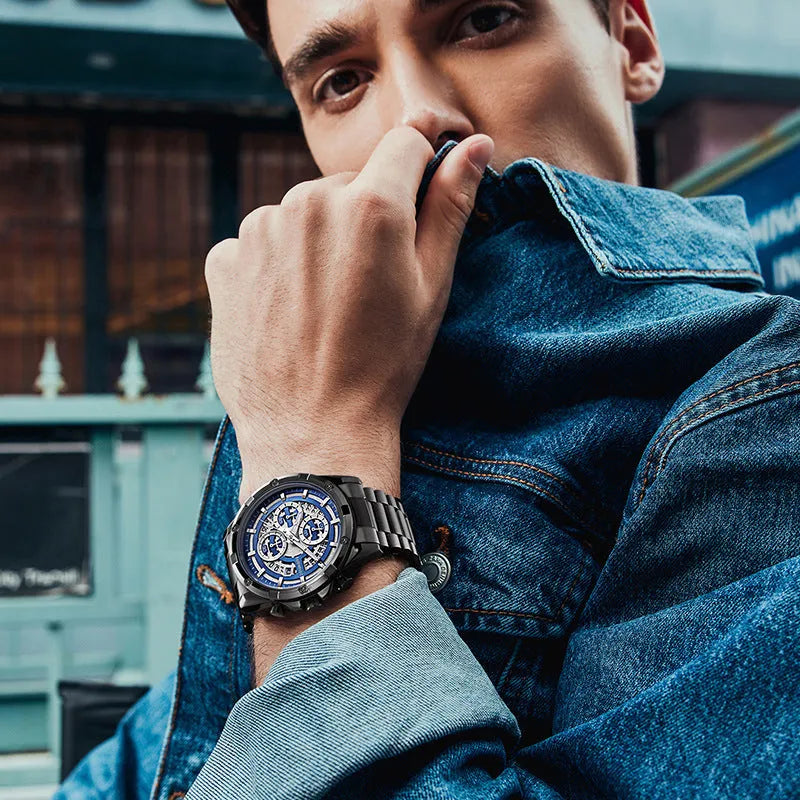 Men's waterproof luminous quartz watch with steel belt in black/blue, black/gold, or silver/white colour options