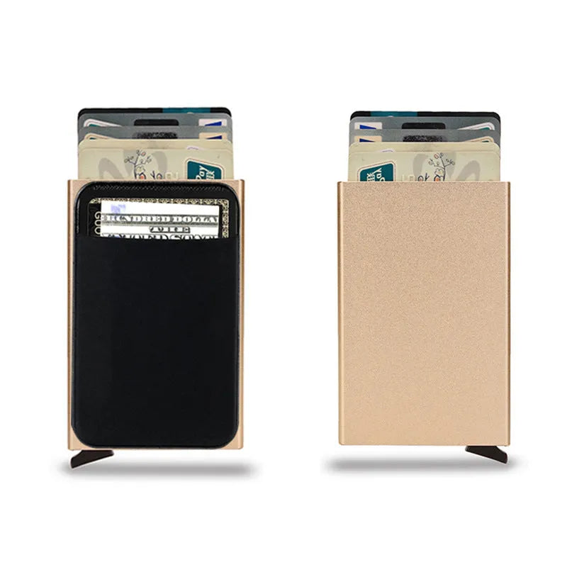 Frosted metal slim credit card wallet in aluminium alloy showing colour options.