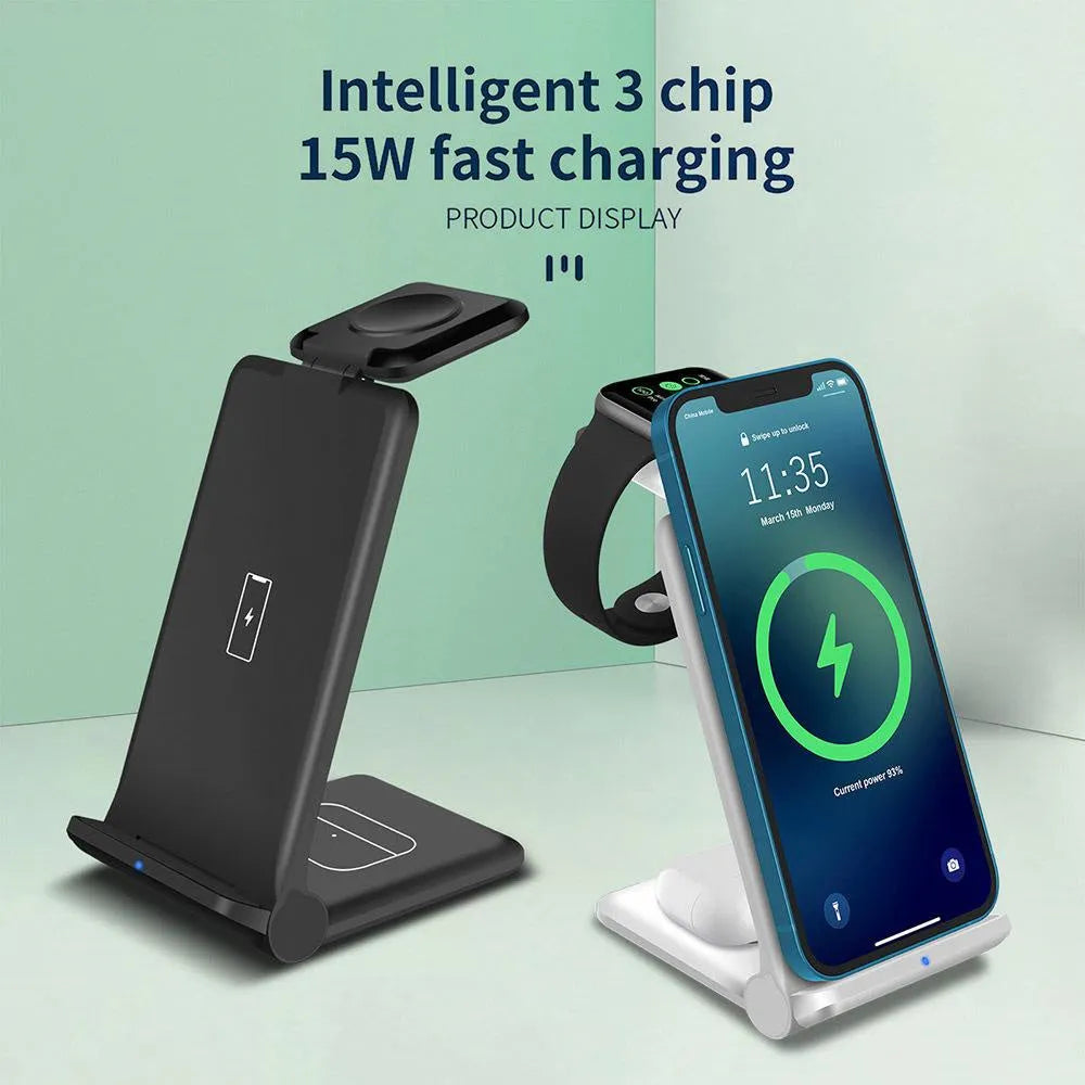 White 3 in 1 wireless charging station showing iPhone, AirPods and Apple Watch charging simultaneously