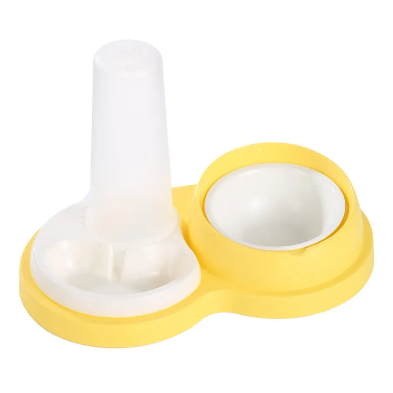Grey and yellow dual-bowl pet feeder with raised neck collar and non-slip base