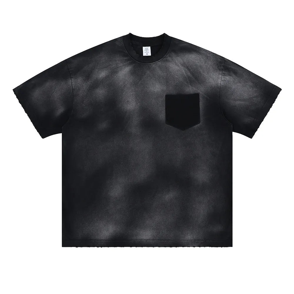 Men's black loose fit cotton t-shirt with printed letter pattern and drop-shoulder short sleeves