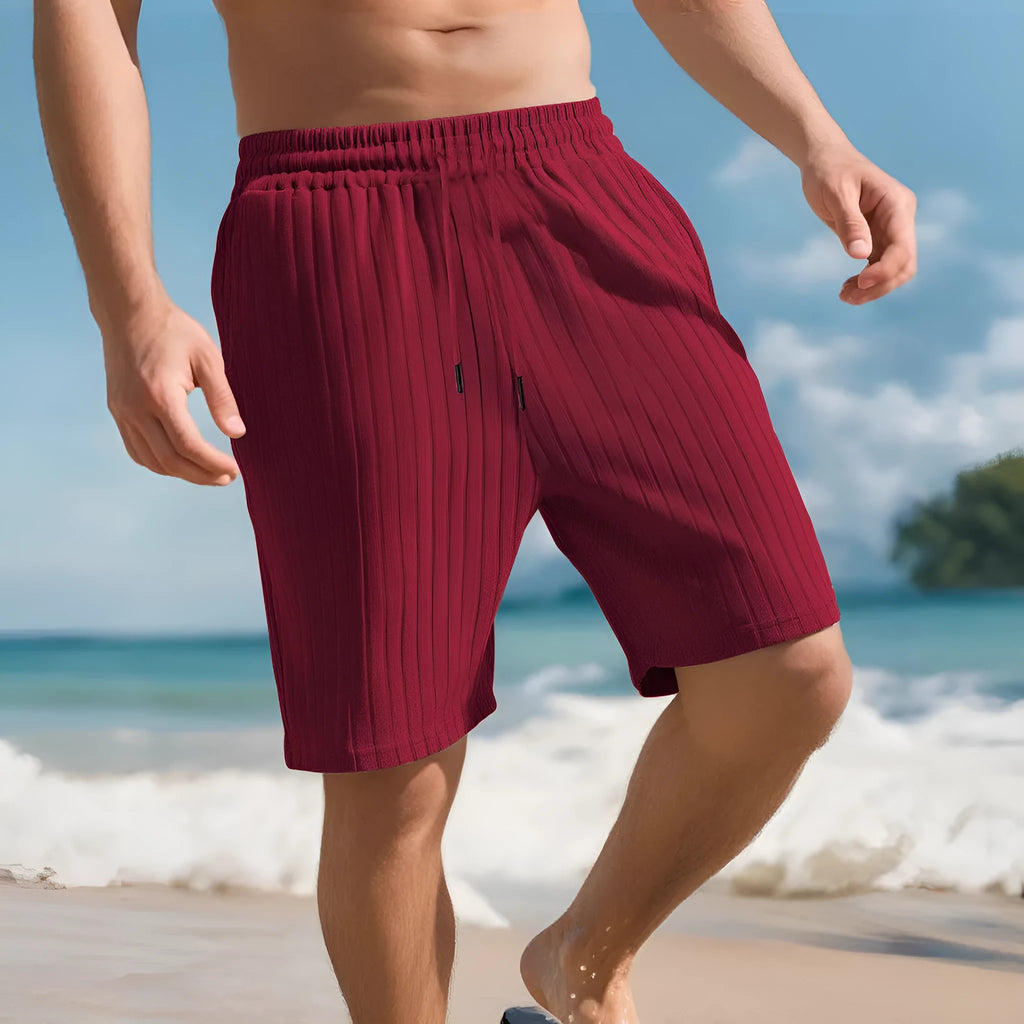 Men's striped linen sports shorts with multiple lace-detailed bags in seven colour options