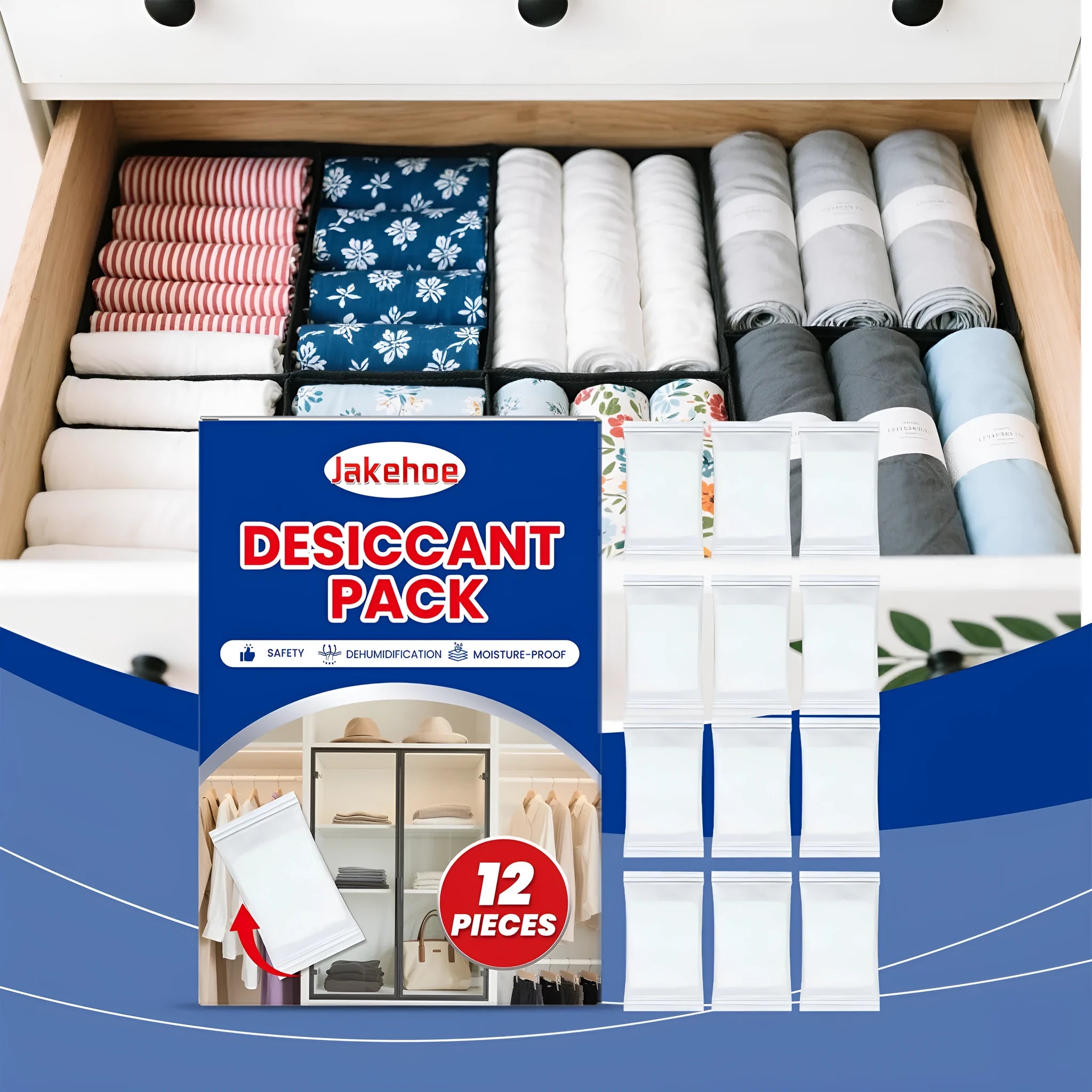 Pack of 12 white hanging desiccant bags for household moisture and odour control