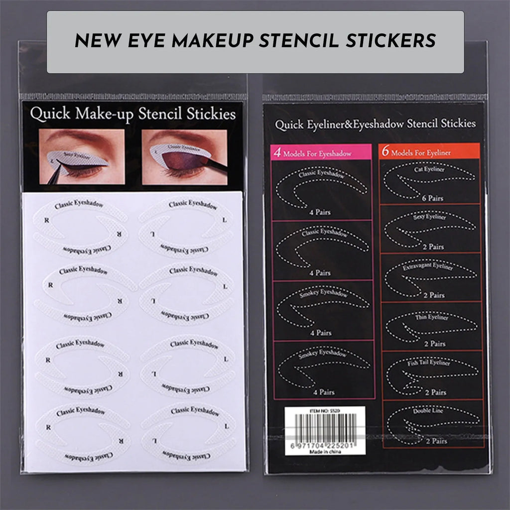 Set of four clear, flexible eyeliner and eyeshadow stencil stickers on a pink background.