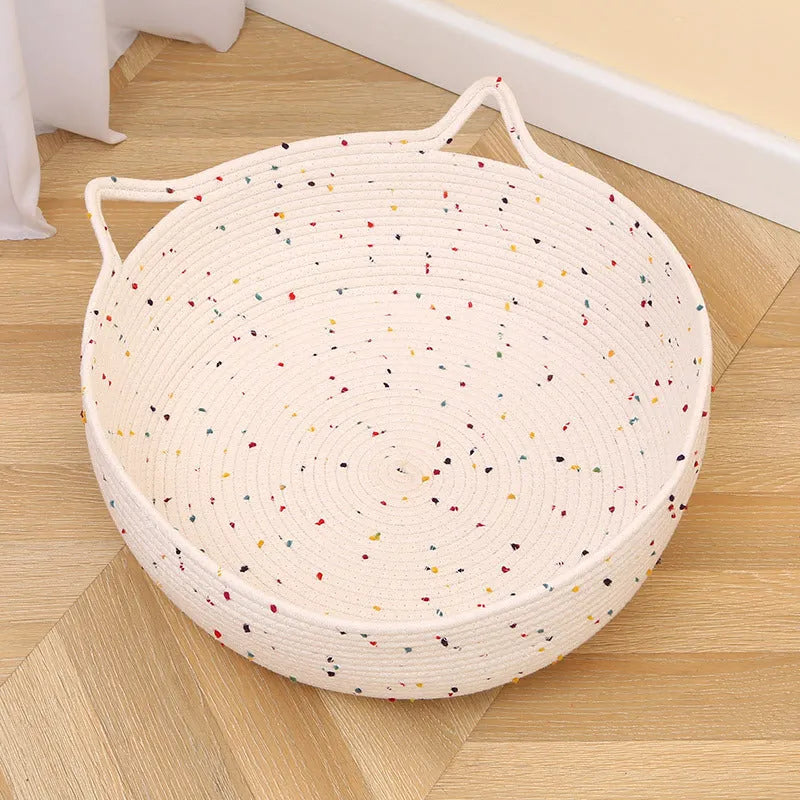 Hand-woven cotton and hemp rope cat nest bed shown in small, medium, and large sizes.