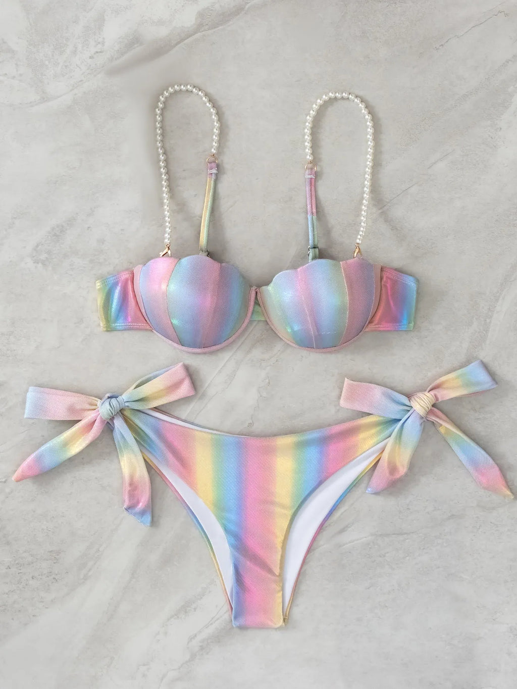 Women's rainbow shell coloured split bikini with tied design for swimming sports