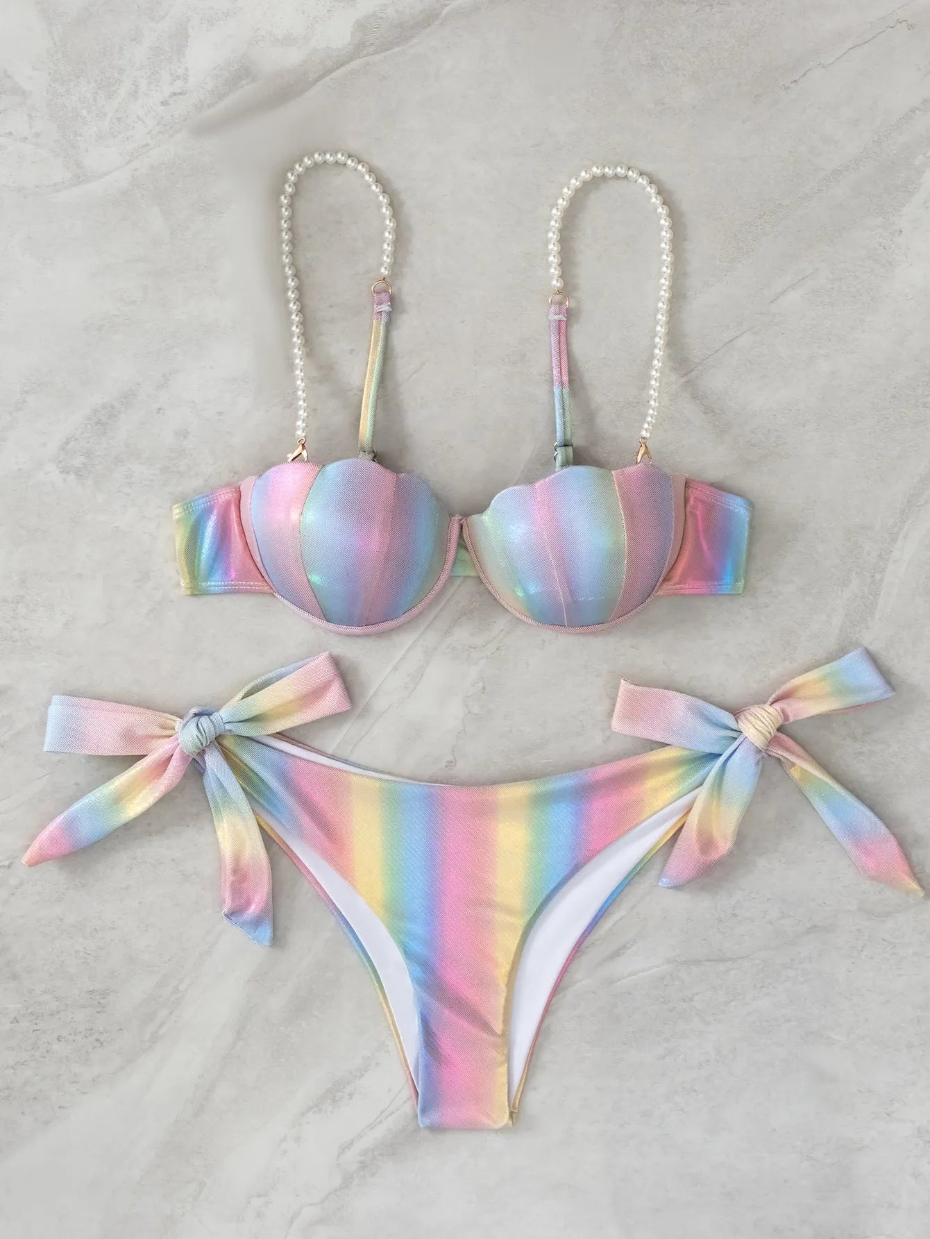 Women's rainbow shell coloured split bikini with tied design for swimming sports