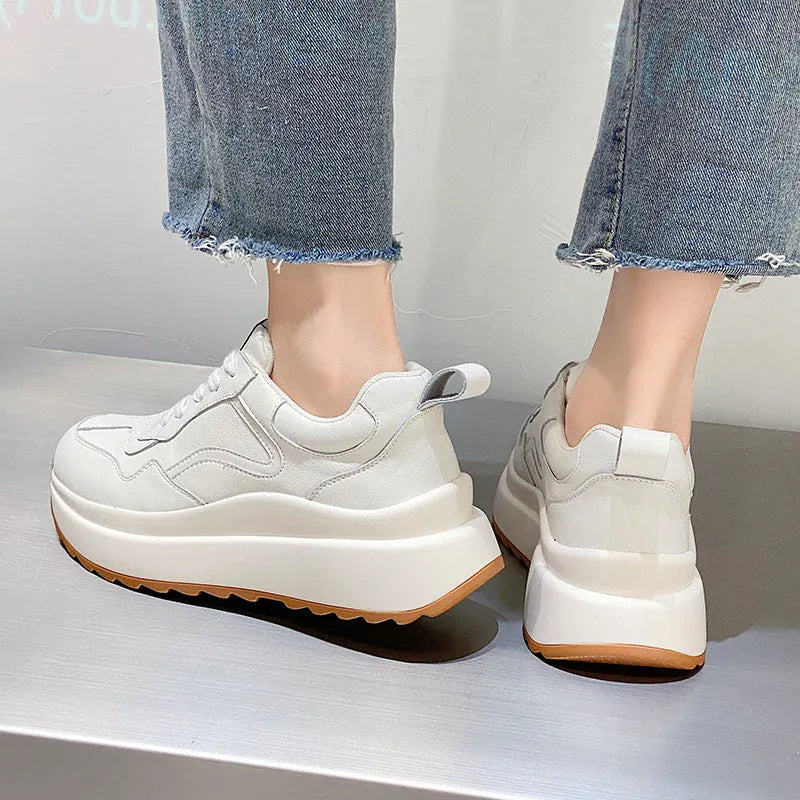 Women's white cowhide leather casual sports shoes with round toe, cross strap, and English muffin heel