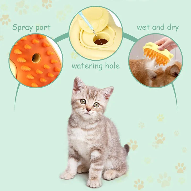 Pet grooming steam brush with ergonomic handle for cats and dogs