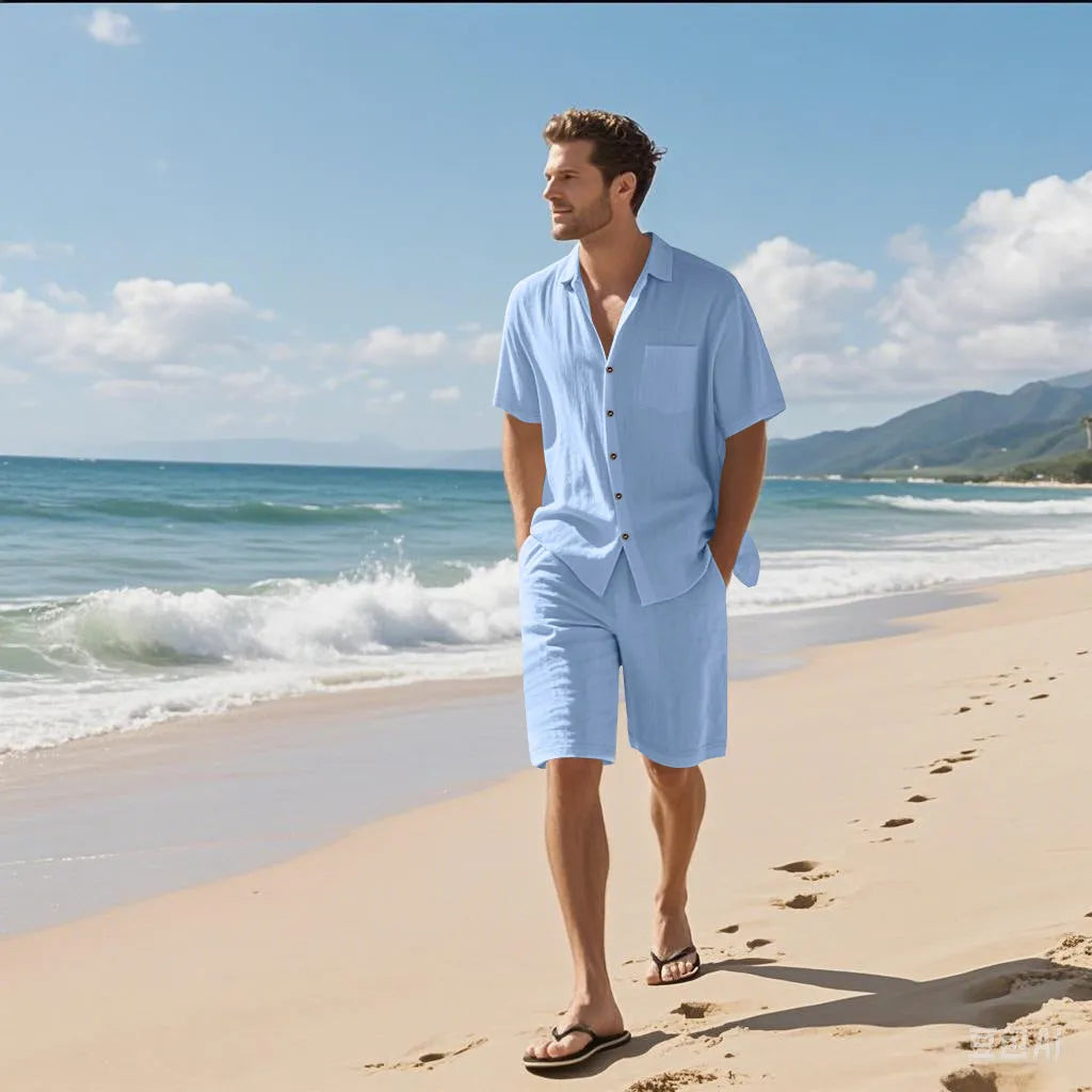Linen blend short sleeve shirt and shorts casual beach suit set shown in khaki colour.