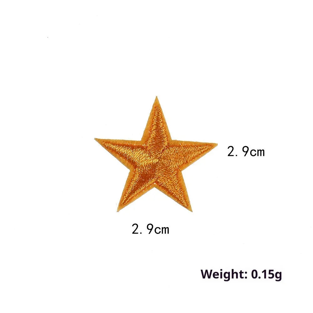 Colourful five-pointed star cloth embroidery stickers for DIY clothing decoration on a fabric background.