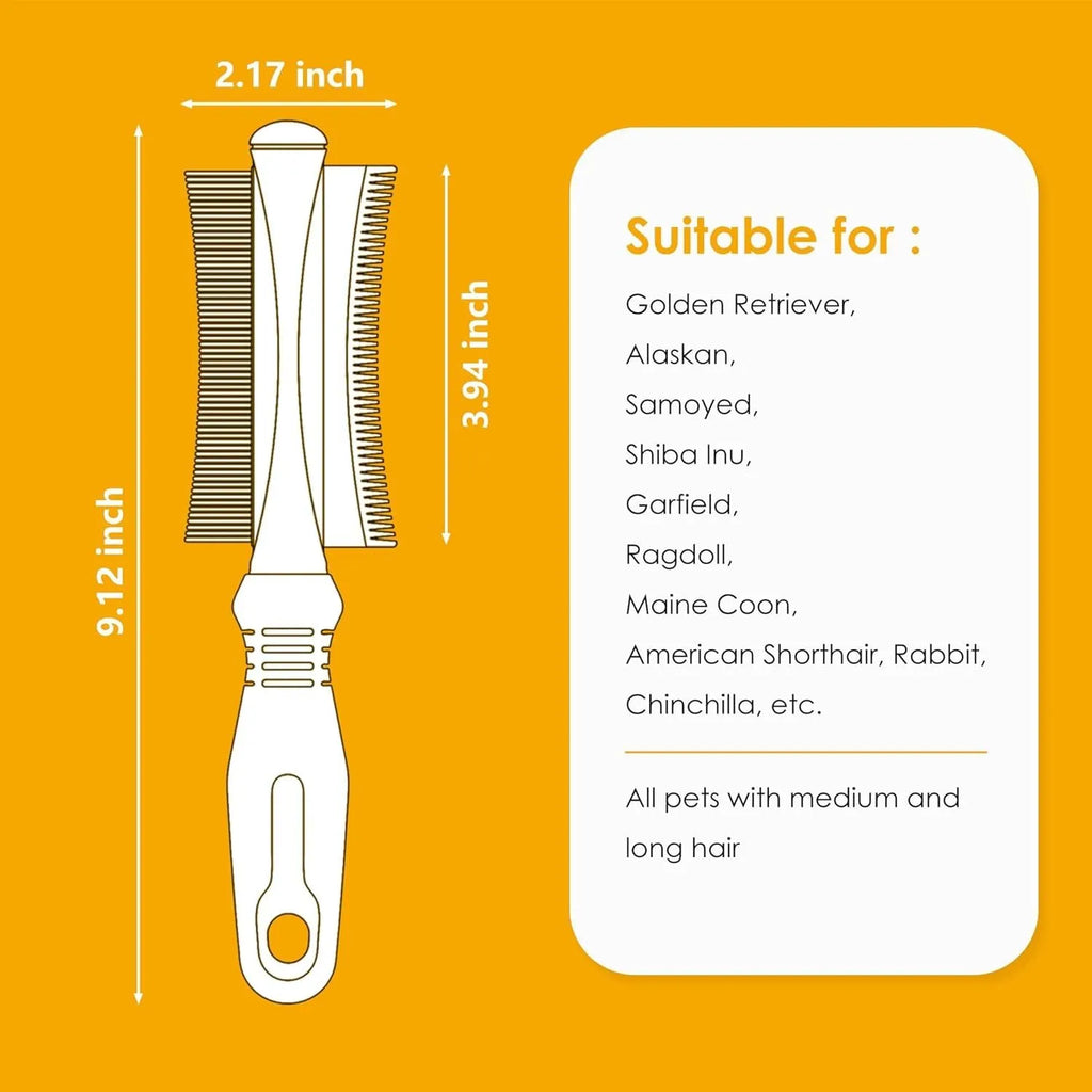 White double-sided dog and cat grooming brush with curved comb and deshedding bristles
