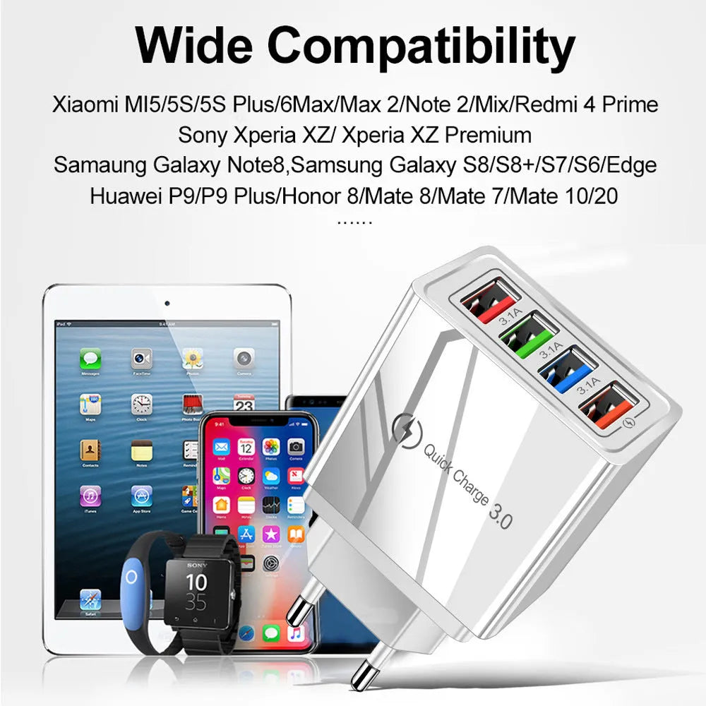 Intelligent 3A mobile phone charging head with luminous indicators showing four USB ports